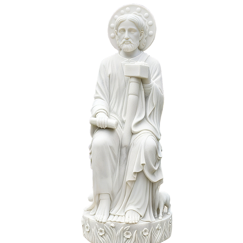 PREMIUM White marble sculpture of religious saint in garden outdoor