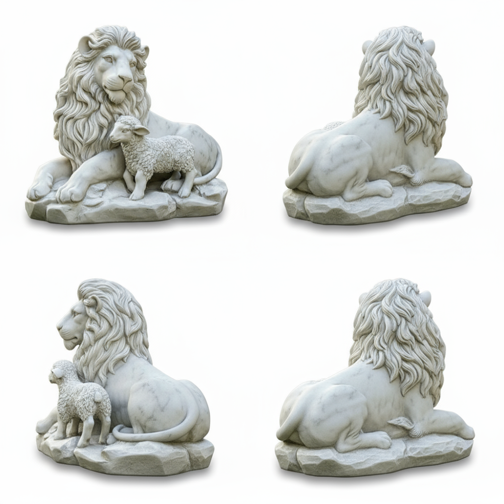 PREMIUM Lion and Lamb white marble sculpture
