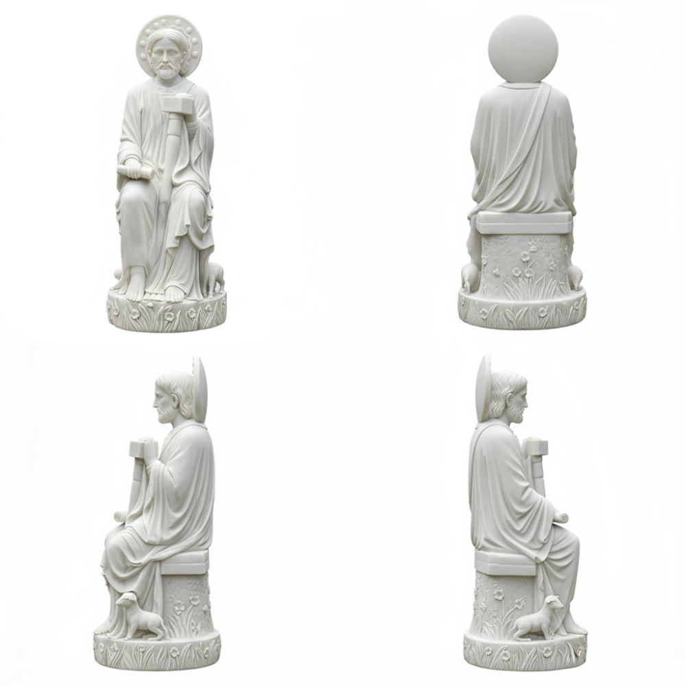 PREMIUM White marble sculpture of religious saint in garden outdoor