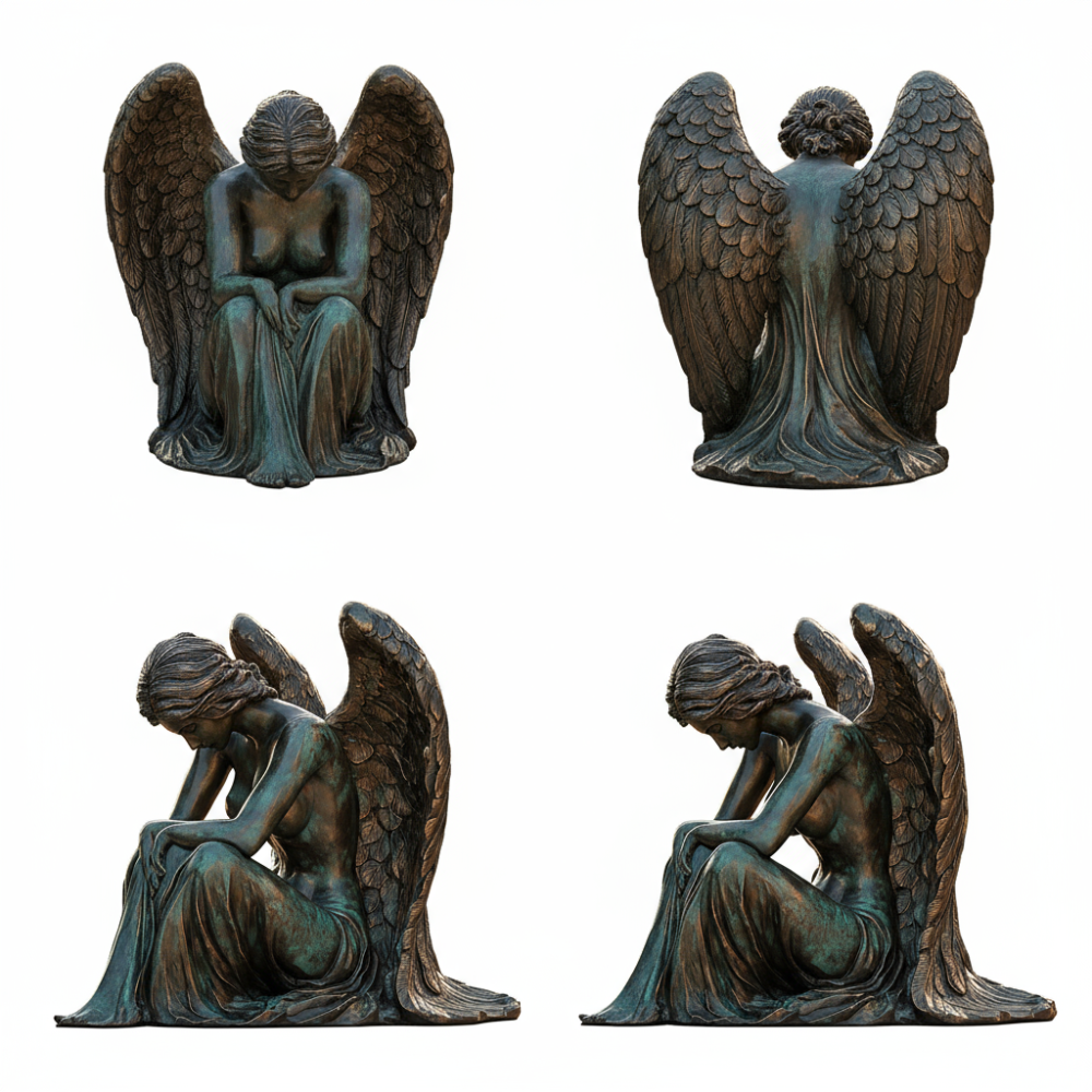 PREMIUM Bronze angel sculpture with head bowed in thought