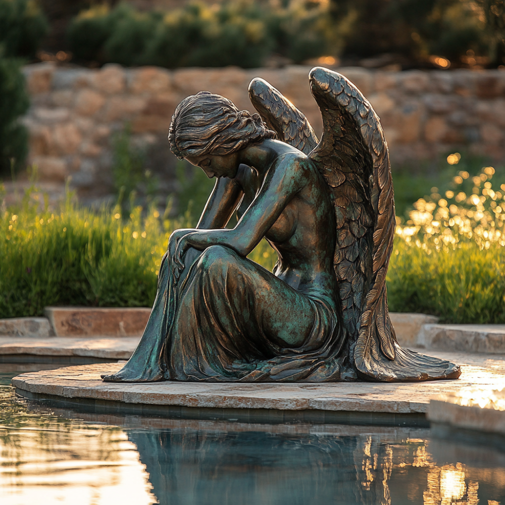 PREMIUM Bronze angel sculpture with head bowed in thought