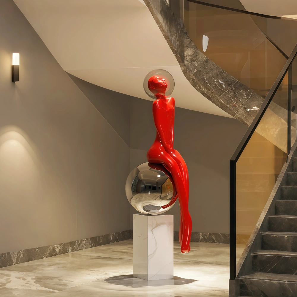 PREMIUM Red Fiberglass Maiden Art Sculpture for House & Hotel Decor