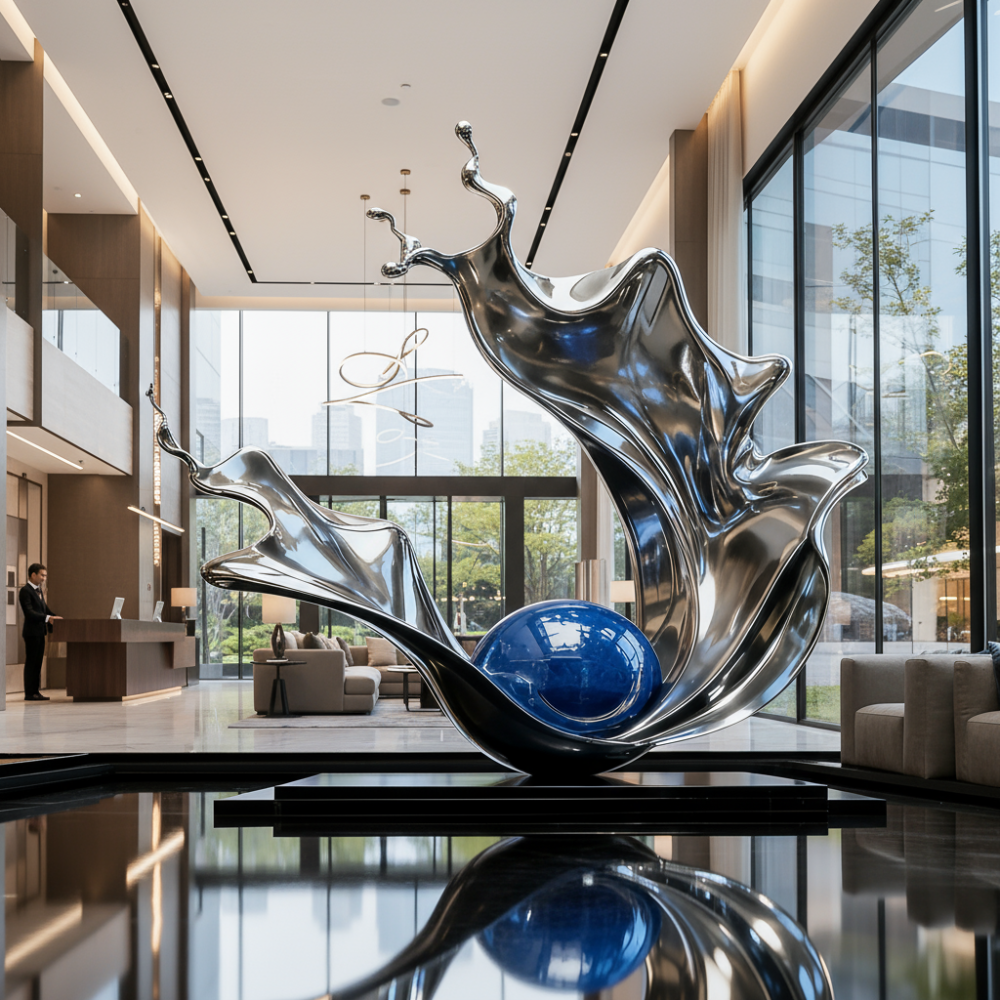 PREMIUM Modern Abstract Art Stainless Steel Fluid Wave Sculpture in Hotel Lobby