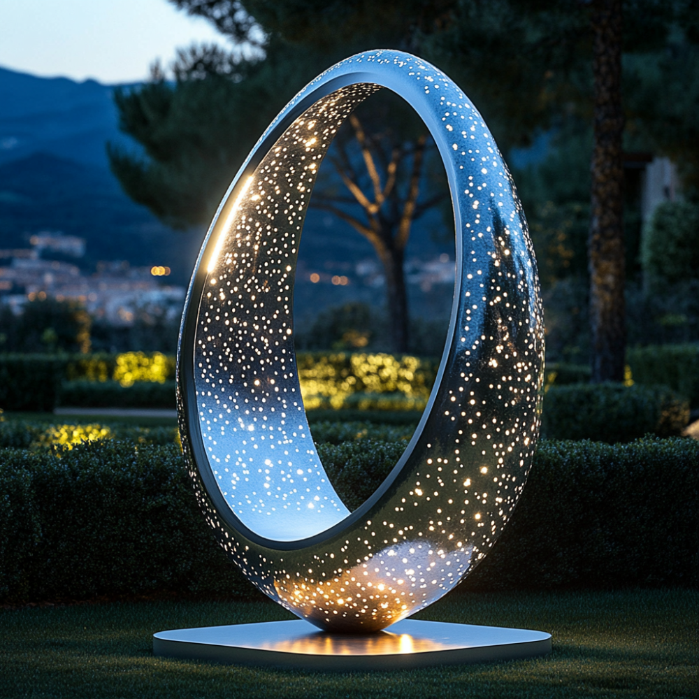 Modern Illuminated Mirror Polished Stainless Steel Oval Sculpture for Landscape & Lobby