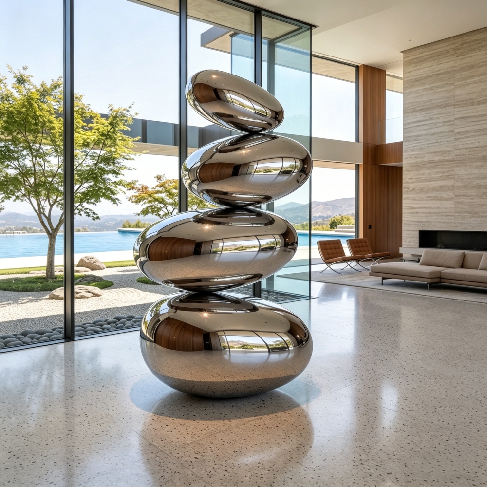 Custom metal pebble sculpture for Zen garden and outdoor landscape design