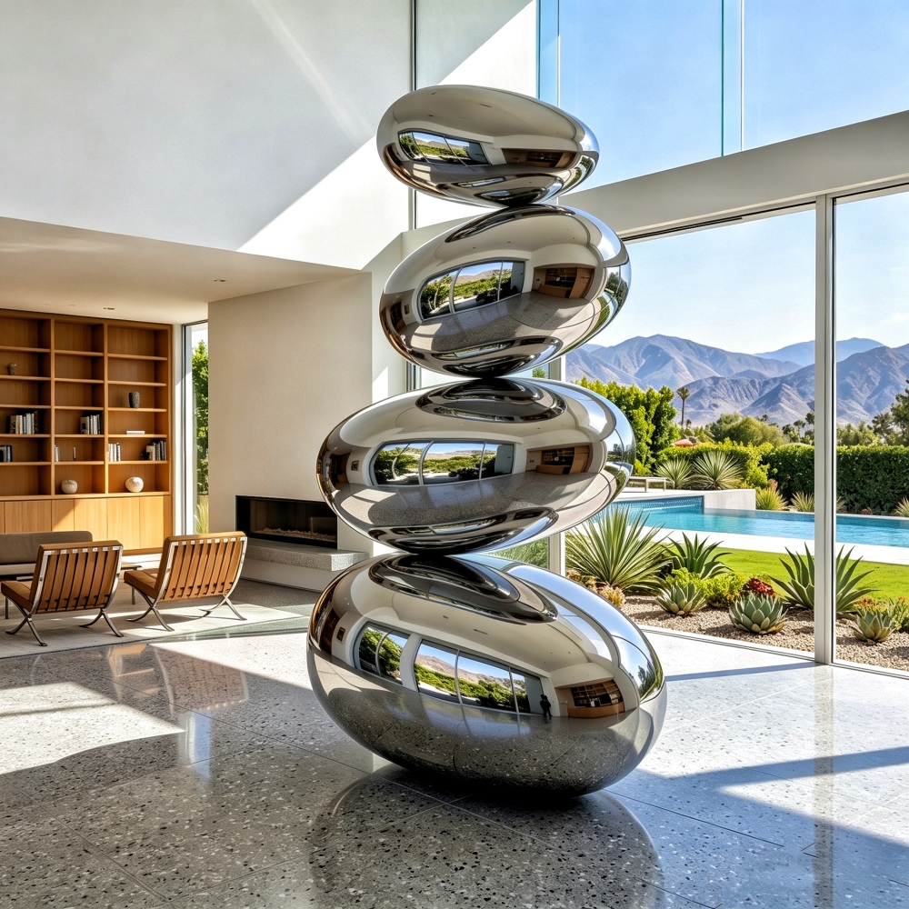 Mirror polished stainless steel stacking stone sculpture in modern luxury living room