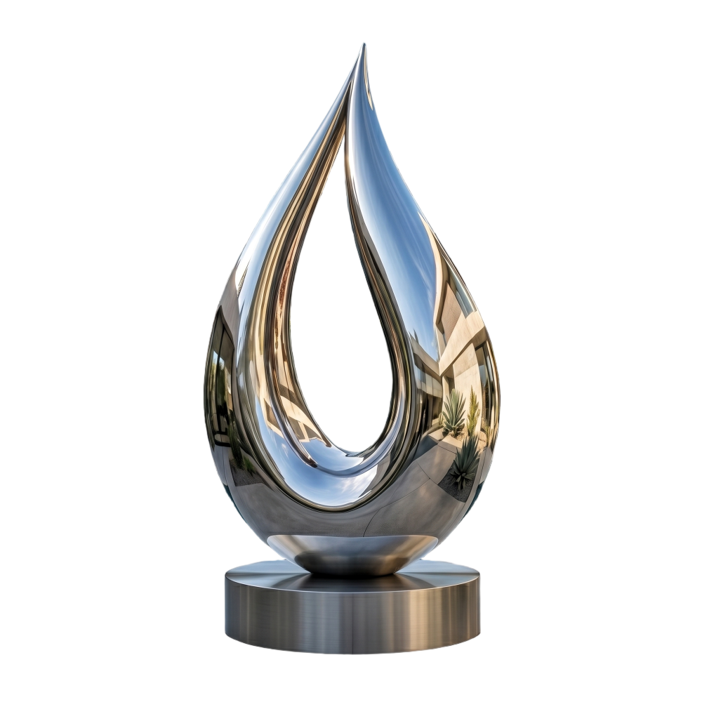 Details of mirror polished stainless steel water drop statue on black background