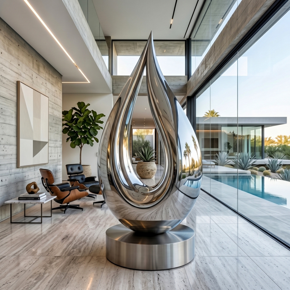 Modern water drop stainless steel sculpture in luxury minimalist living room