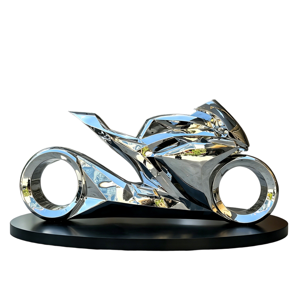 Details of mirror polished stainless steel futuristic motorcycle sculpture on black background