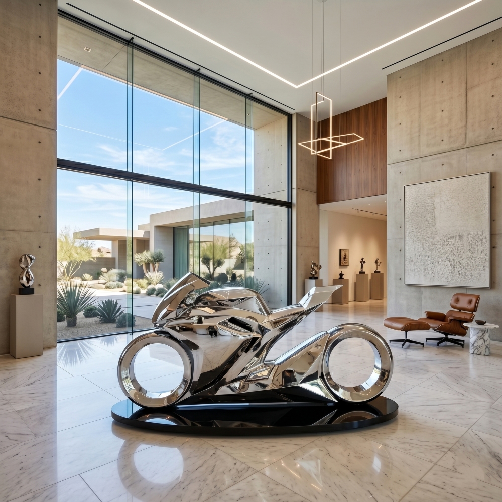 Cyberpunk style stainless steel motorcycle metal art in modern luxury gallery