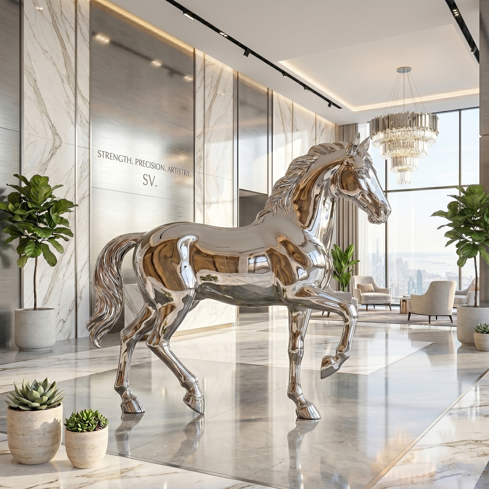Life-size metal horse sculpture for luxury hotel lobby interior design