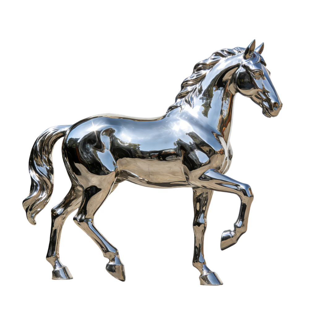 Details of mirror polished stainless steel horse statue on black background
