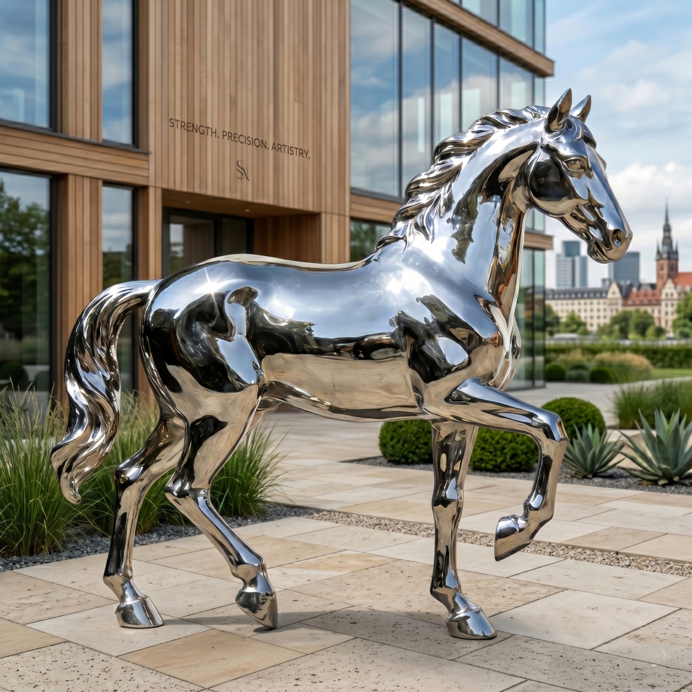 Modern stainless steel horse art for outdoor landscape and garden decor