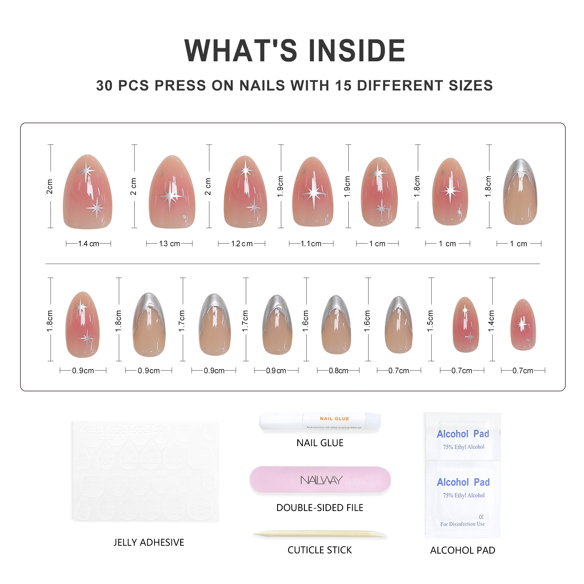 Fashion Design Glossy French Gel Nails Tips Fake Nails Silver Star Print 24 Pcs Soft Acrylic Press on Nails