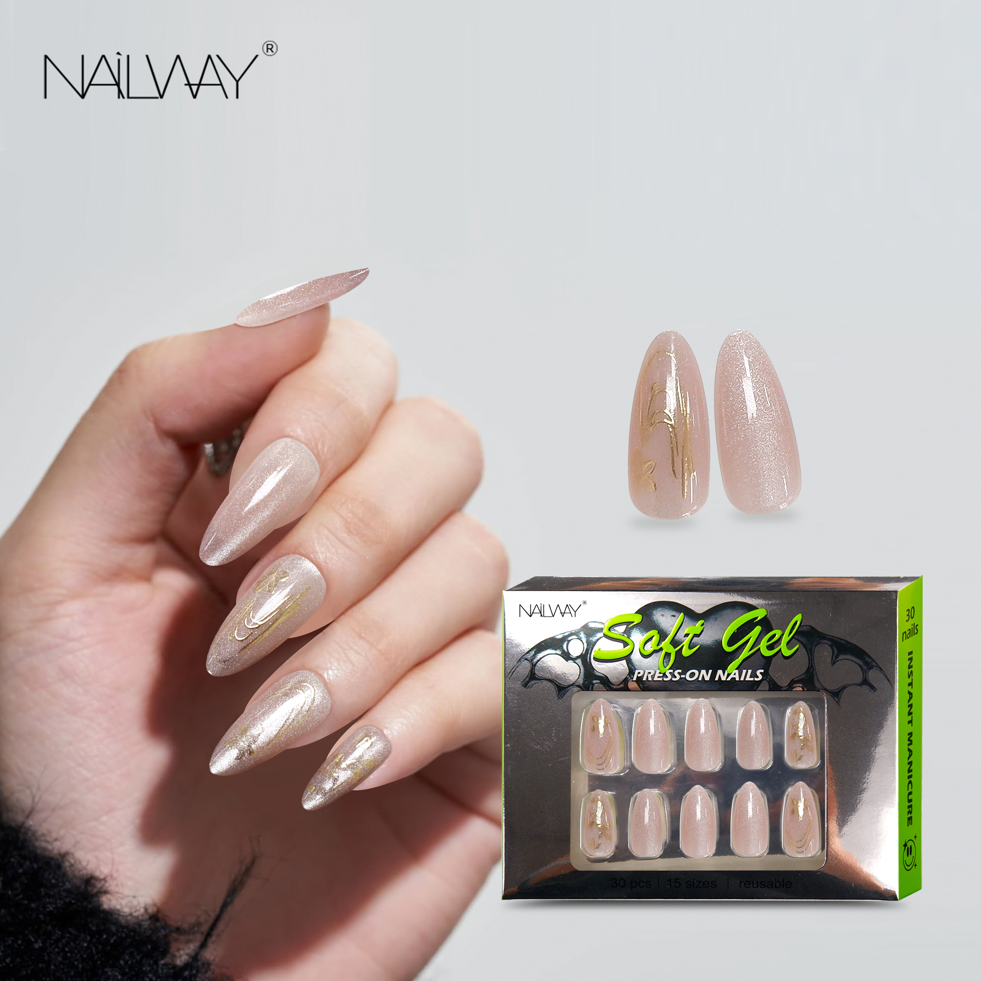 Nailway Custom Artificial Nails Nude Color False Nails 30 Pcs Cat Eye Stiletto Press On Nails With Glitter