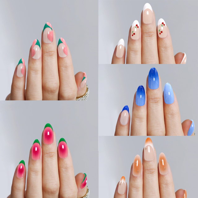 Fashion Design Glossy French Gel Nails Tips Fake Nails Silver Star Print 24 Pcs Soft Acrylic Press on Nails