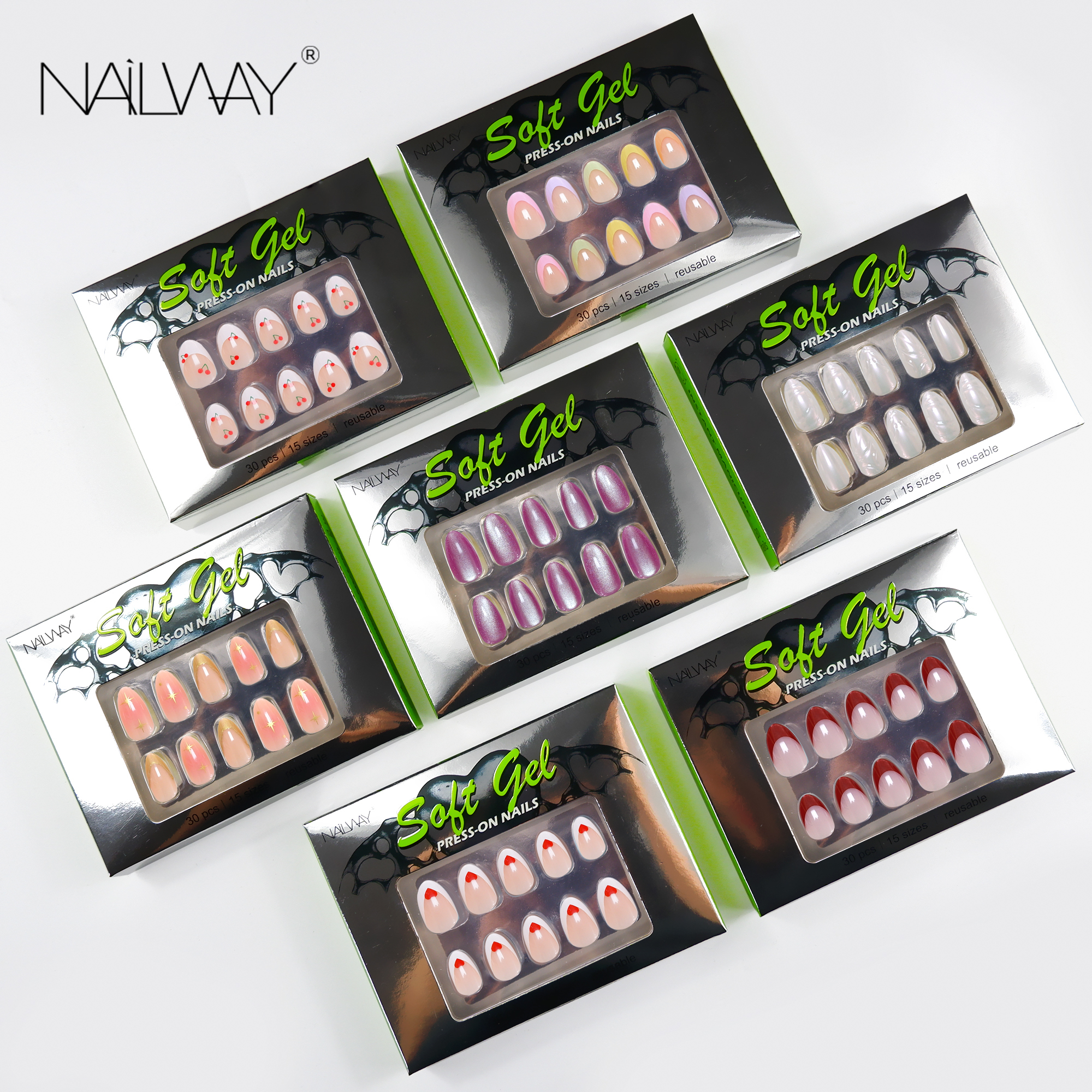 Nailway High Quality Glossy Custom 30 Pcs Acrylic Gel Cat Eye Stiletto Fake Nails Press on Wholesale