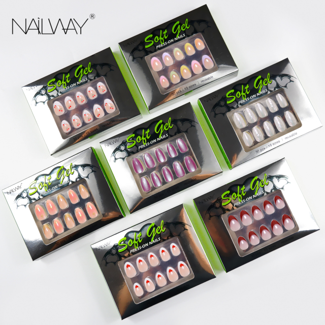 Nailway High Quality Glossy Custom 30 Pcs Acrylic Gel Cat Eye Stiletto Fake Nails Press on Wholesale