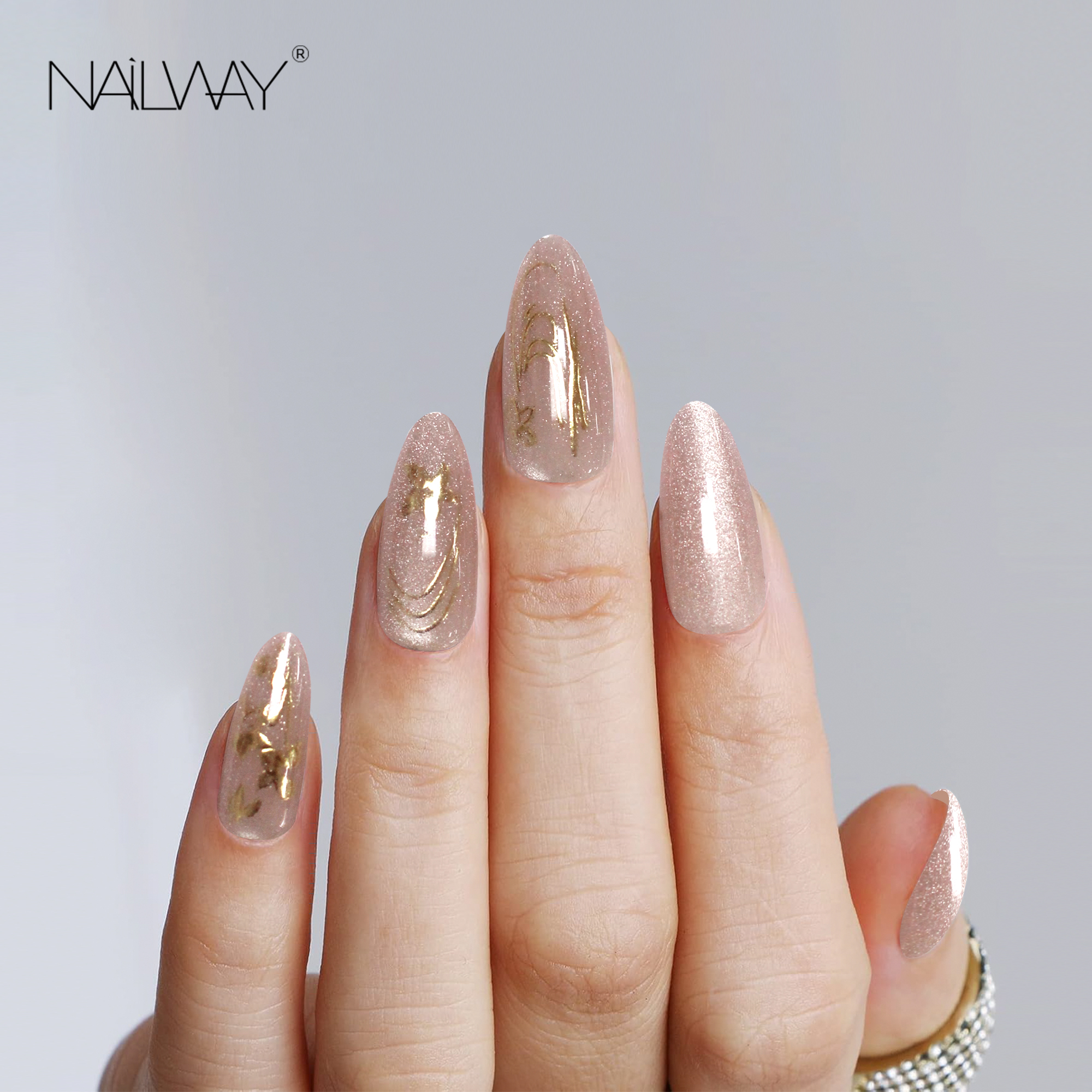 Nailway Custom Artificial Nails Nude Color False Nails 30 Pcs Cat Eye Stiletto Press On Nails With Glitter