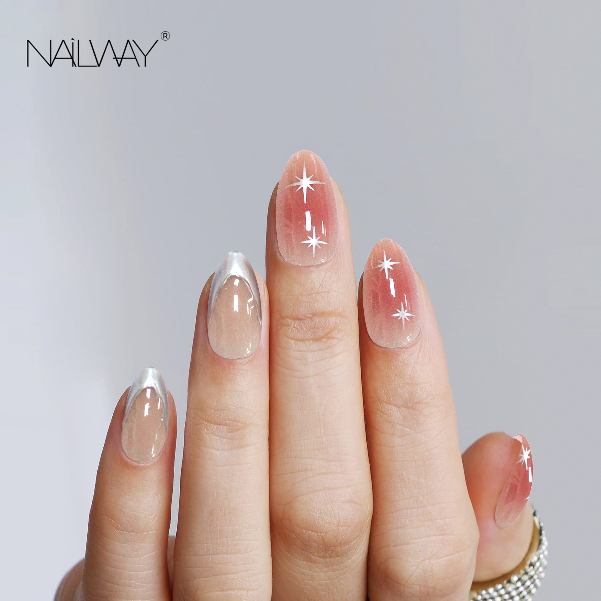 Fashion Design Glossy French Gel Nails Tips Fake Nails Silver Star Print 24 Pcs Soft Acrylic Press on Nails