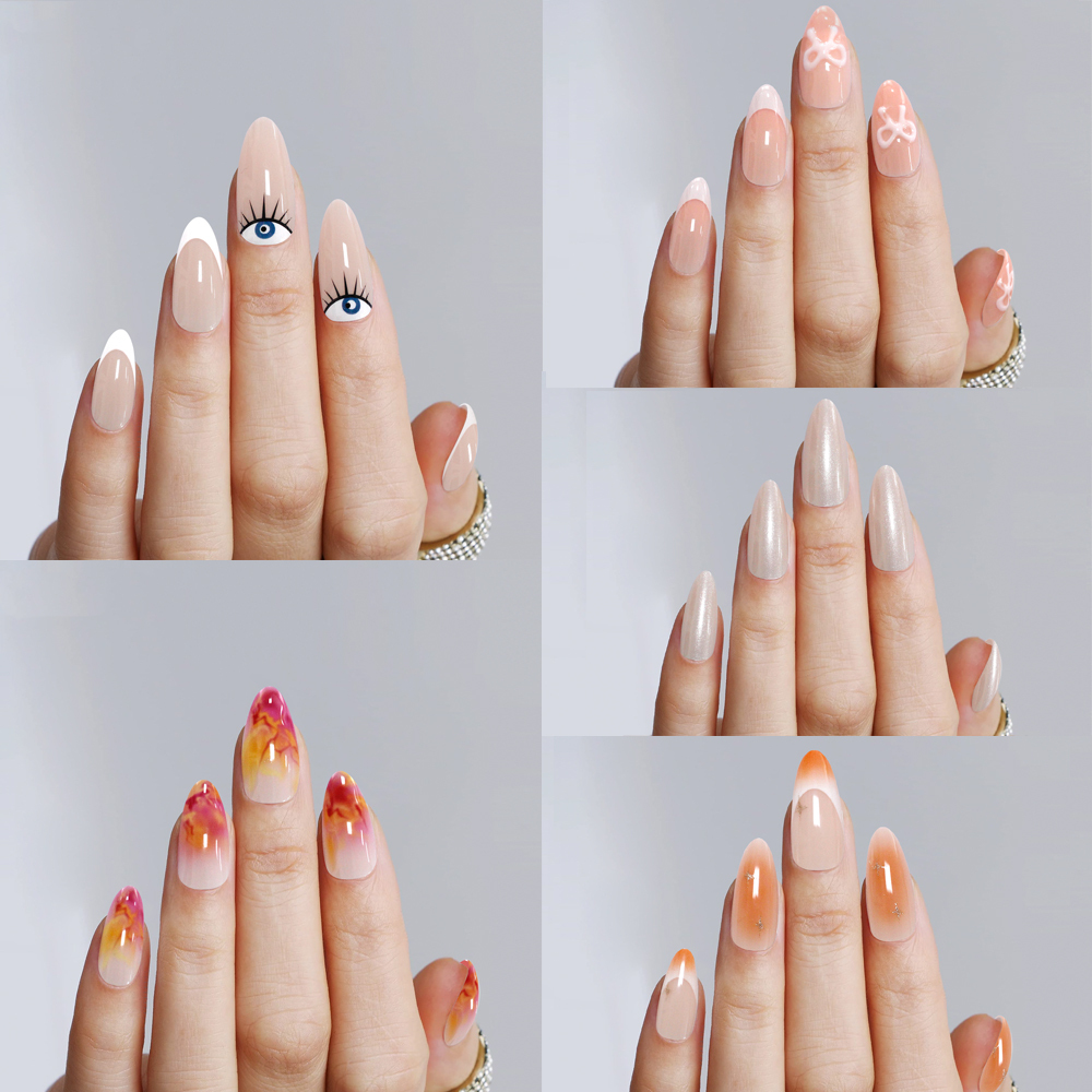 Fashion Design Glossy French Gel Nails Tips Fake Nails Silver Star Print 24 Pcs Soft Acrylic Press on Nails