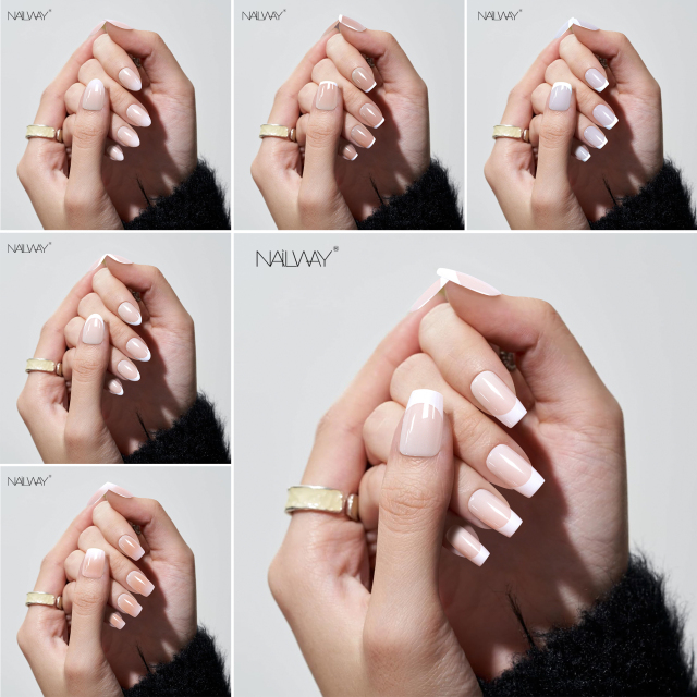 Nailway Reusable Short Custom Press on Nails Set 30Pcs Gel Fake Nails French White Tip Artificial Nails