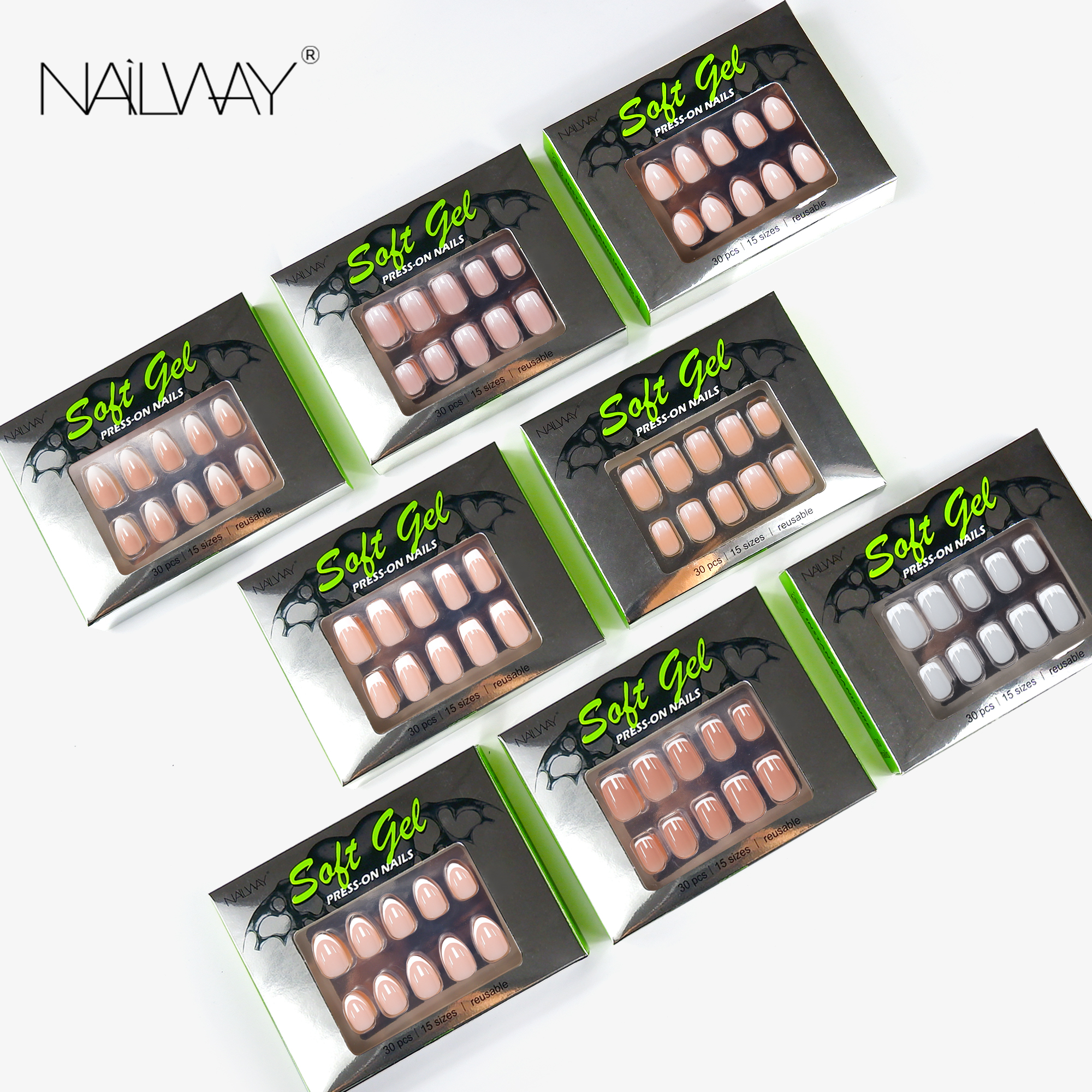 Nailway Reusable Short Custom Press on Nails Set 30Pcs Gel Fake Nails French White Tip Artificial Nails