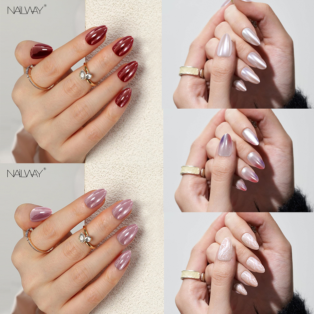Nailway High Quality Glossy Custom 30 Pcs Acrylic Gel Cat Eye Stiletto Fake Nails Press on Wholesale