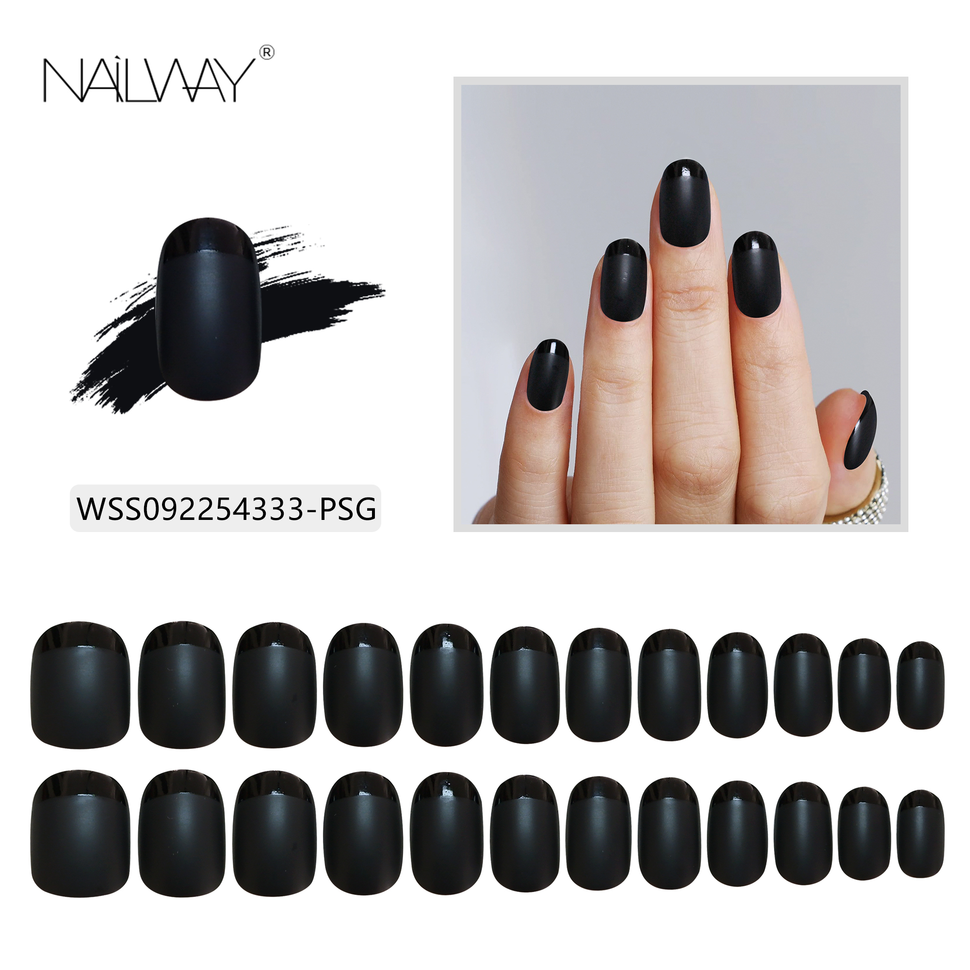 Professional Nails Supplier Fit Perfectly Short Soft Gel Stick on Fake Nails Matte Black Oval French Tip Press on Nails