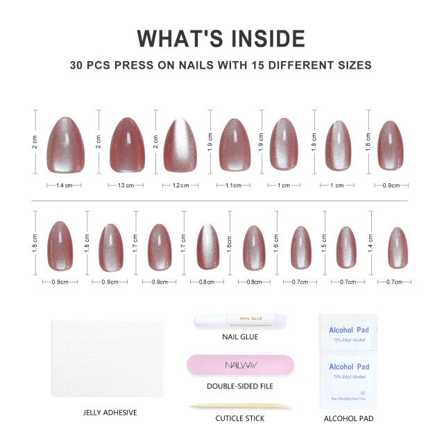 Nailway High Quality Glossy Custom 30 Pcs Acrylic Gel Cat Eye Stiletto Fake Nails Press on Wholesale