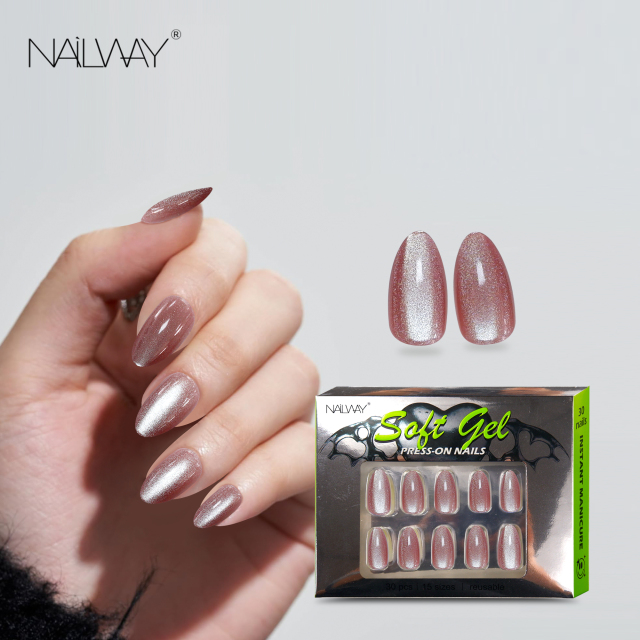 Nailway High Quality Glossy Custom 30 Pcs Acrylic Gel Cat Eye Stiletto Fake Nails Press on Wholesale
