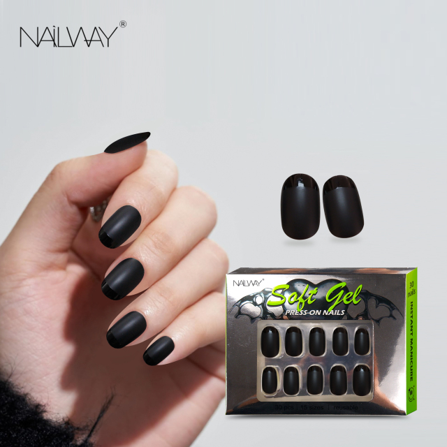 Professional Nails Supplier Fit Perfectly Short Soft Gel Stick on Fake Nails Matte Black Oval French Tip Press on Nails