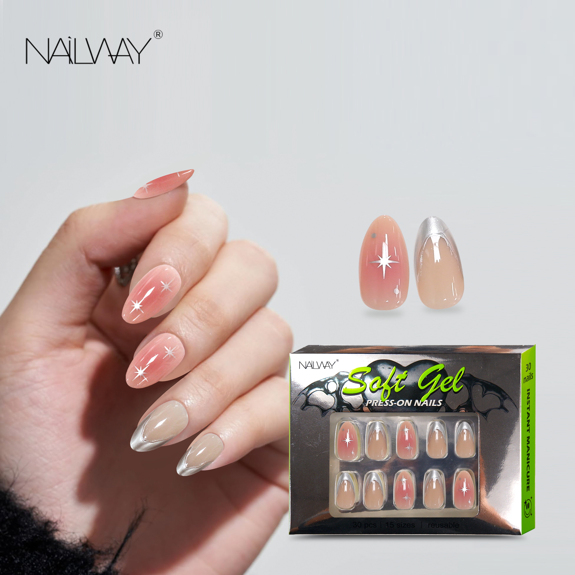 Fashion Design Glossy French Gel Nails Tips Fake Nails Silver Star Print 24 Pcs Soft Acrylic Press on Nails