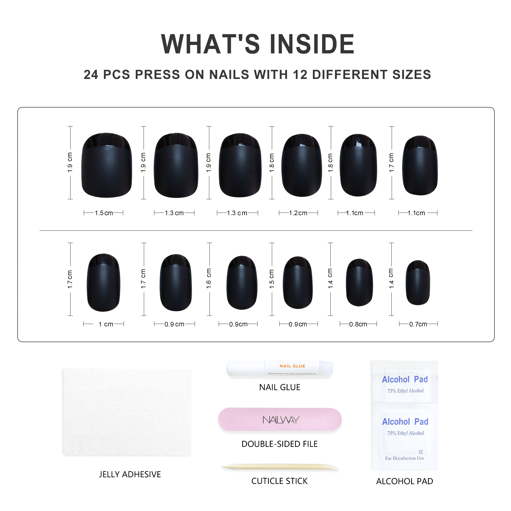 Professional Nails Supplier Fit Perfectly Short Soft Gel Stick on Fake Nails Matte Black Oval French Tip Press on Nails