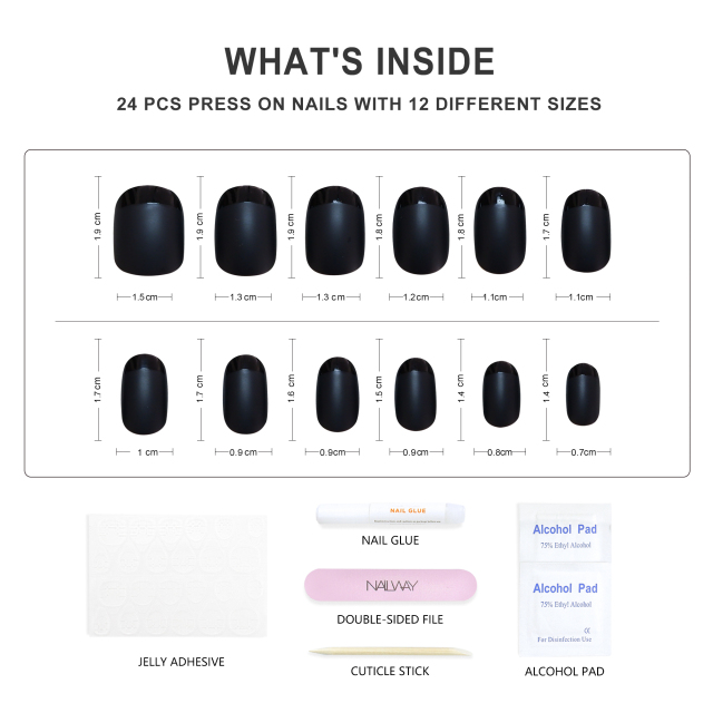 Professional Nails Supplier Fit Perfectly Short Soft Gel Stick on Fake Nails Matte Black Oval French Tip Press on Nails