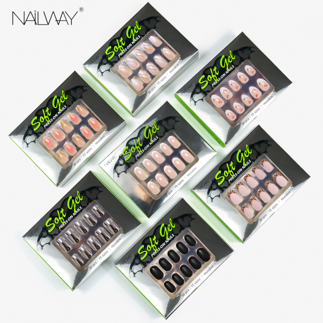 Professional Nails Supplier Fit Perfectly Short Soft Gel Stick on Fake Nails Matte Black Oval French Tip Press on Nails