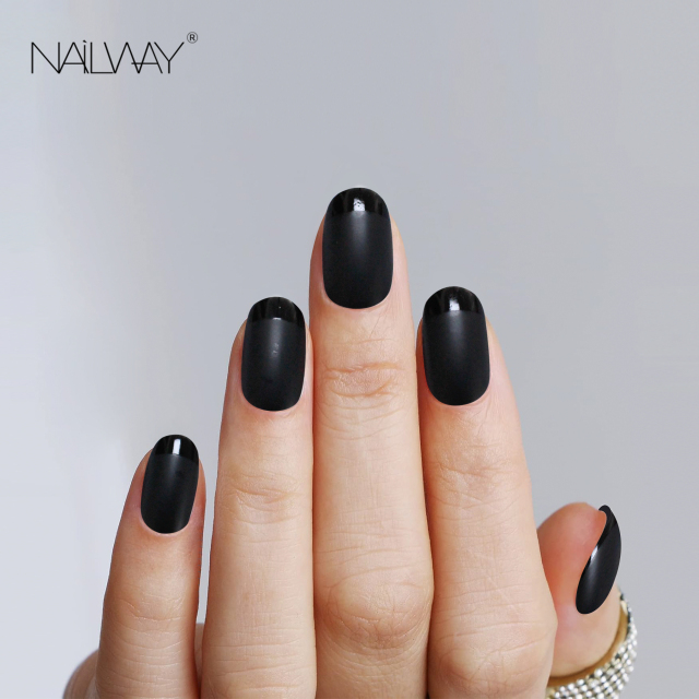 Professional Nails Supplier Fit Perfectly Short Soft Gel Stick on Fake Nails Matte Black Oval French Tip Press on Nails
