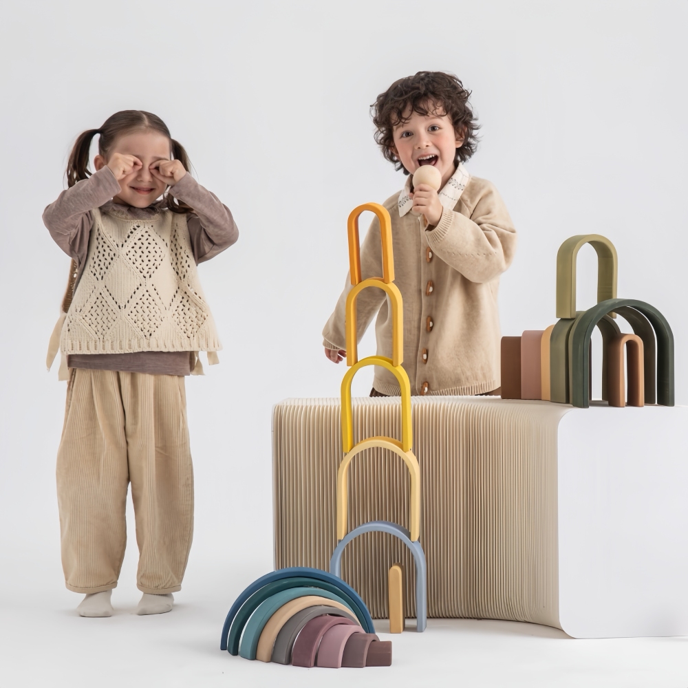 Brightly Colored Rainbow Arch Building Blocks,Rainbow Arch Blocks,Natural Linden Wood, Basswood,Non-Toxic Water-Based Paint