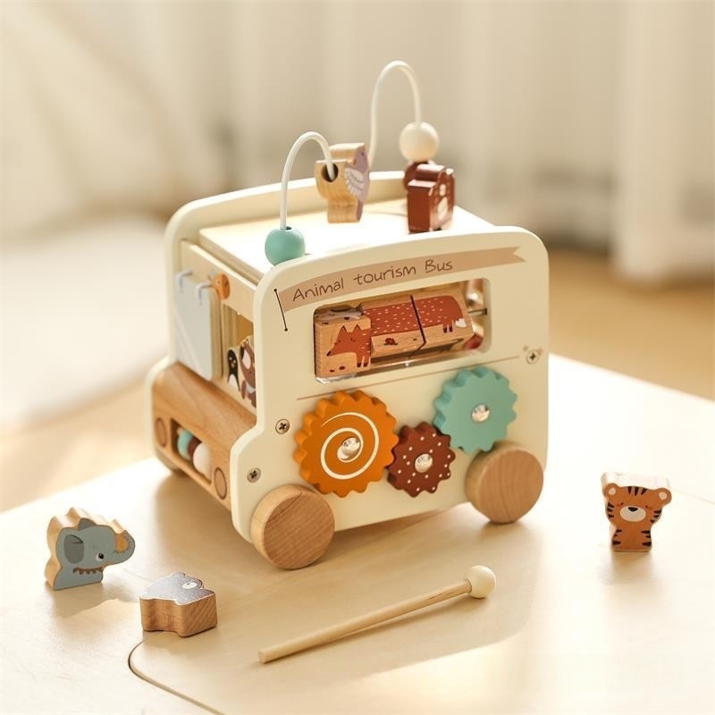 Hexahedral busy box pushcart bus toy