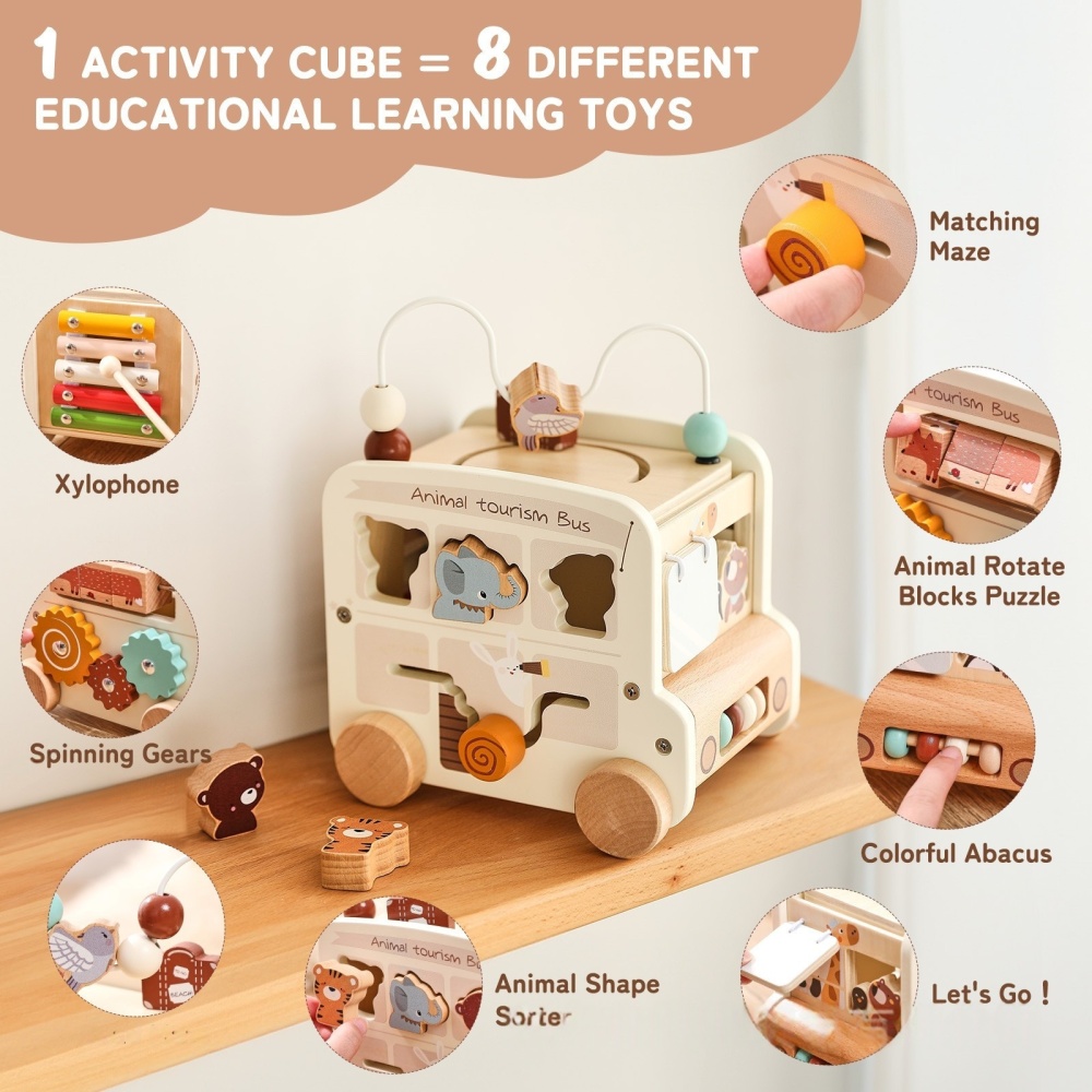 Hexahedral busy box pushcart bus toy