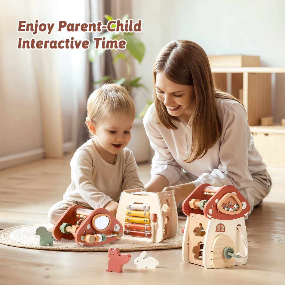 Mushroom - Shaped Wooden Activity Cube