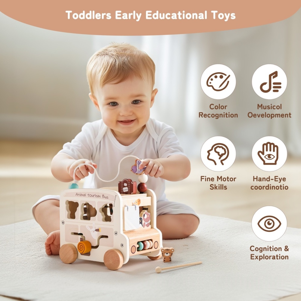 Hexahedral busy box pushcart bus toy