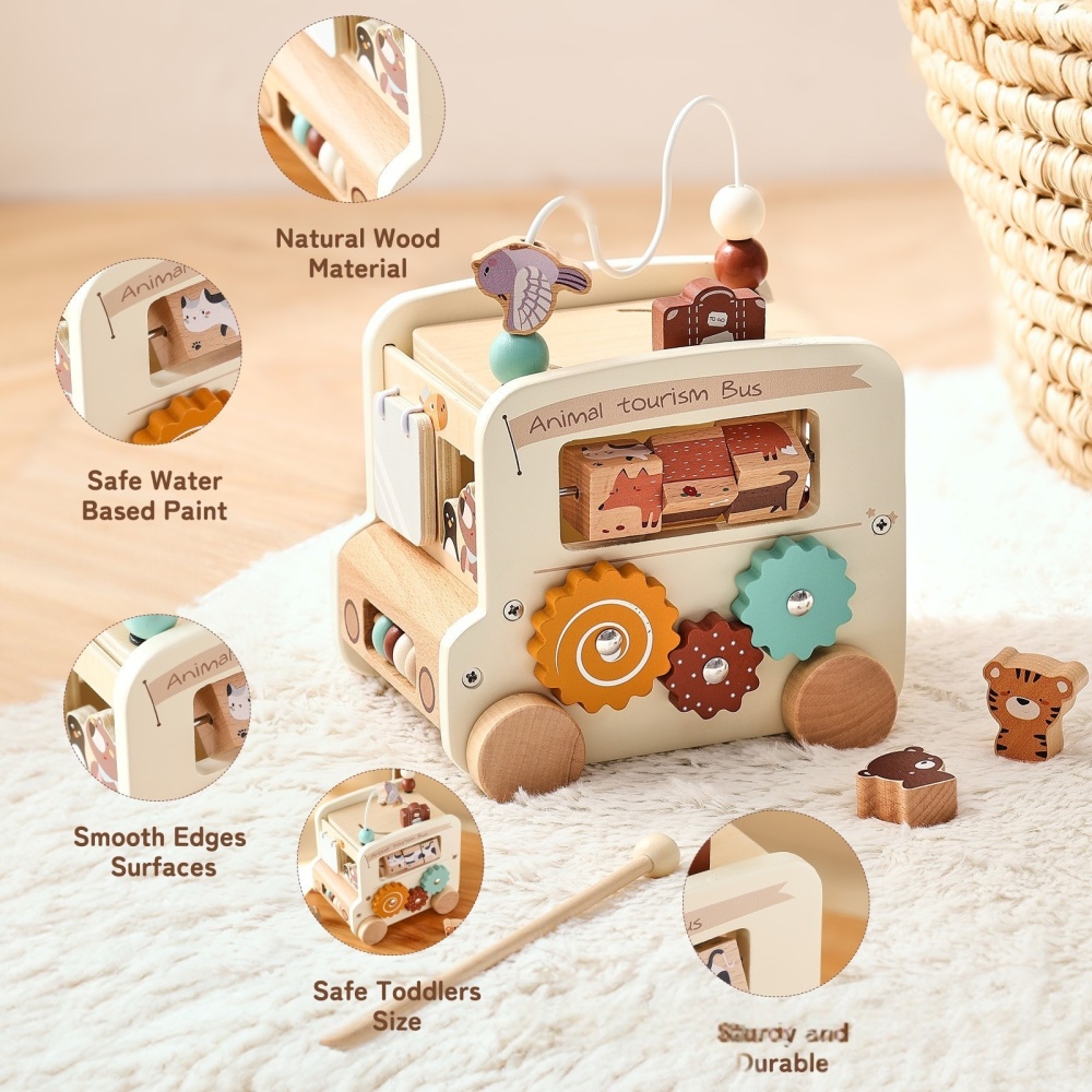 Hexahedral busy box pushcart bus toy