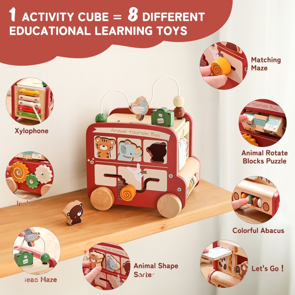 Hexahedral busy box pushcart bus toy