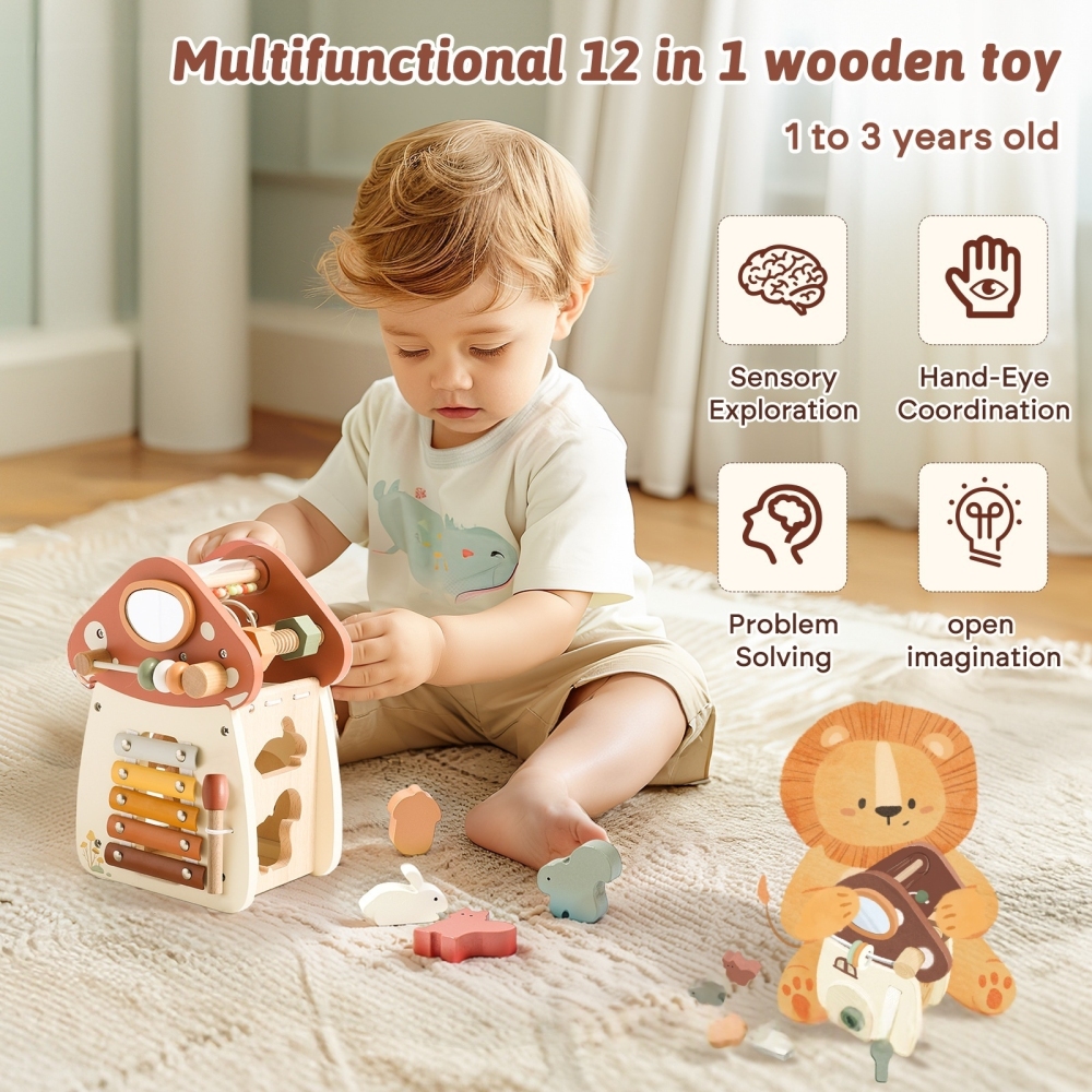 Mushroom - Shaped Wooden Activity Cube