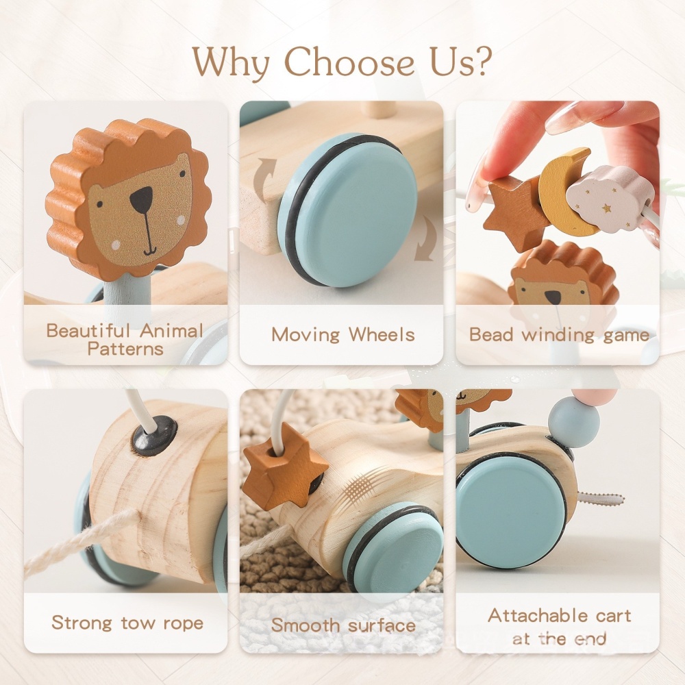 Lion Ring Beads Pulling Car Toy