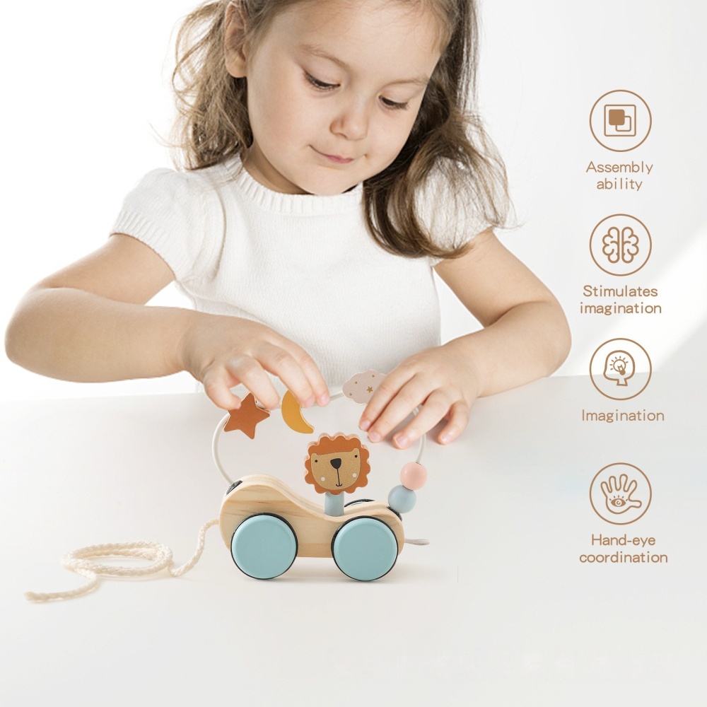 Lion Ring Beads Pulling Car Toy