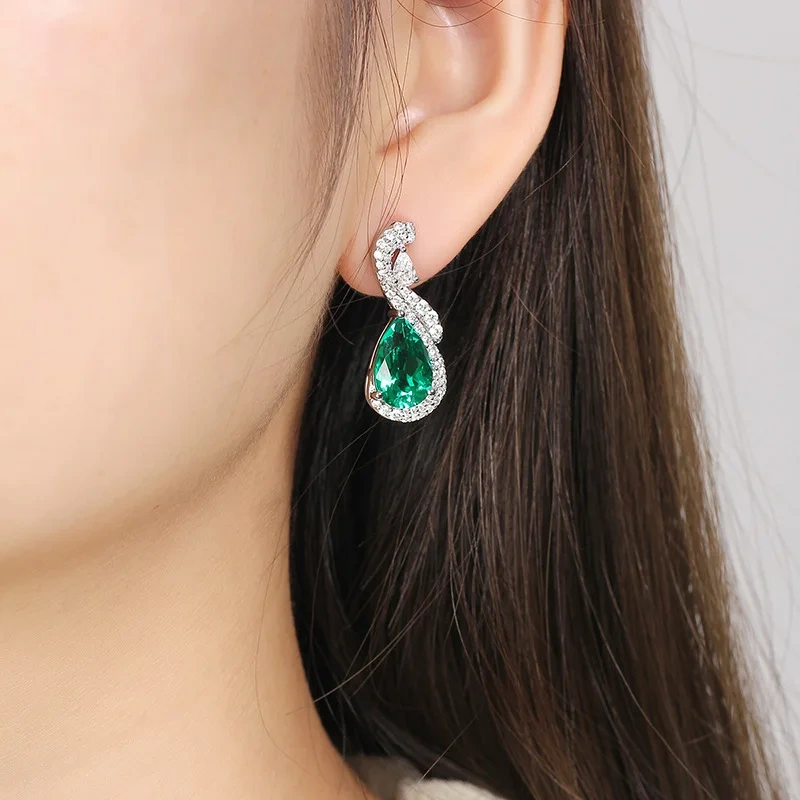 ShanLover Brand 5.8ct High End Lab Grown Gemstones Emerald 925 Sterling Silver Stud Earrings Fine Jewelry