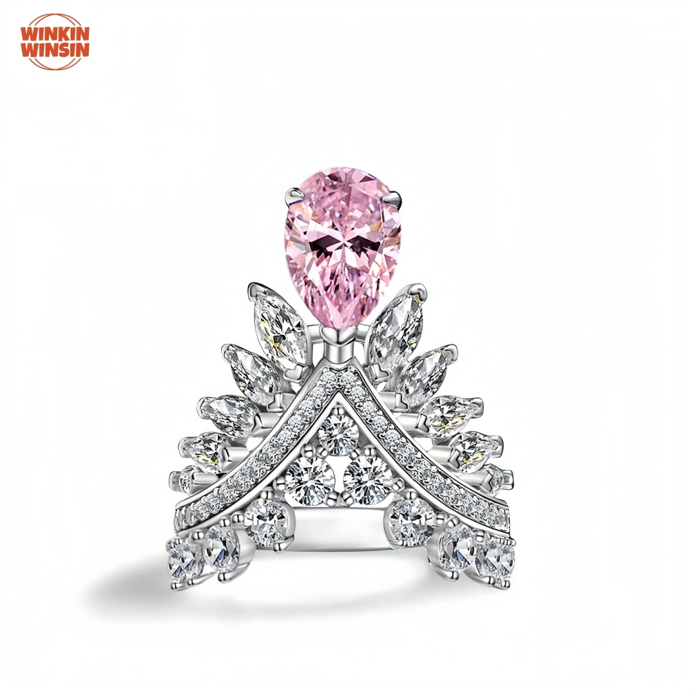 Winkin Winsin 2ct Pear-shaped 7*10 Feather Crown High-grade High-Carbon Diamond Pink S925 Silver Ring