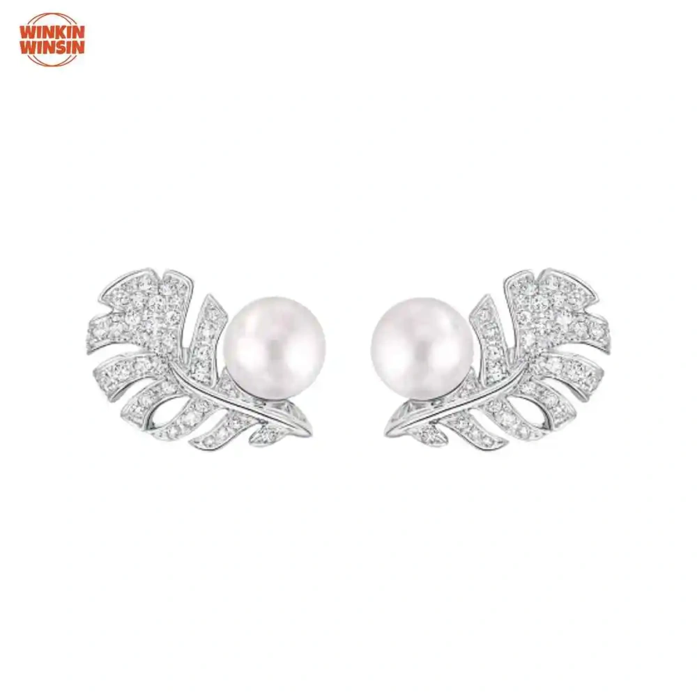 Winkin Winsin Sterling Silver S925 Feather Pearl Personality Earrings Light Luxury and Exquisite